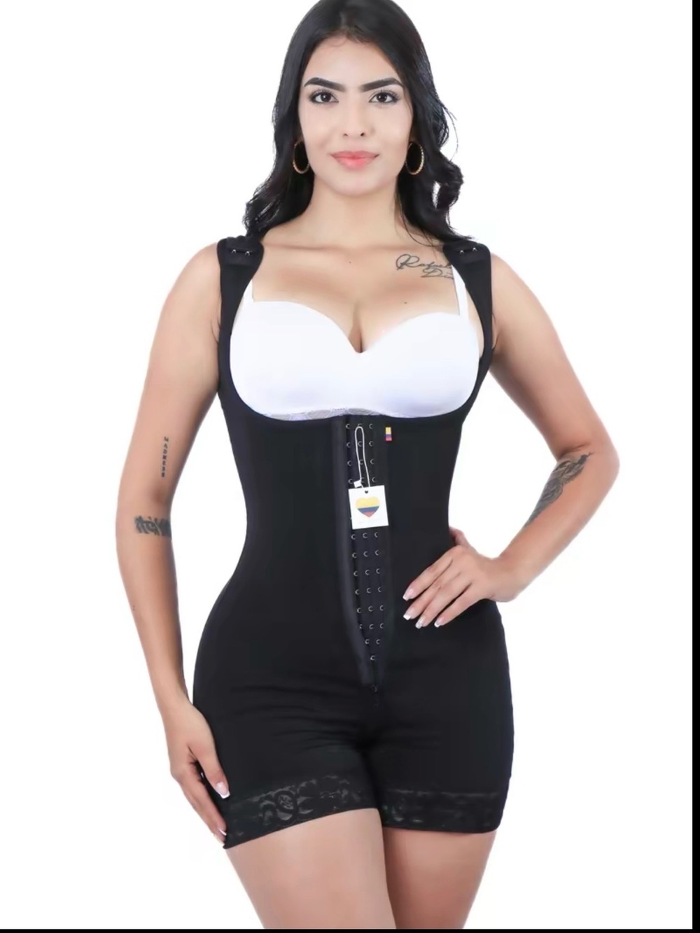 Black High-Waist Full-Body Shaper Bodysuit with Adjustable Front Hooks